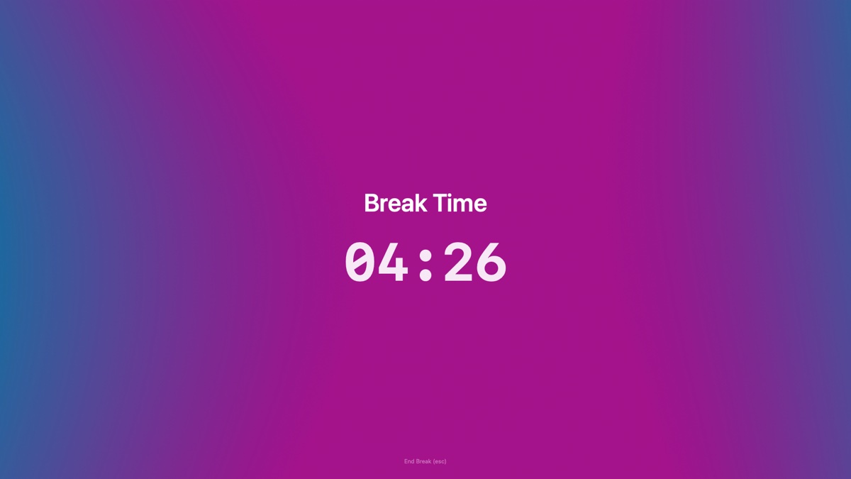The break screen showing a large message and countdown over a gradient background