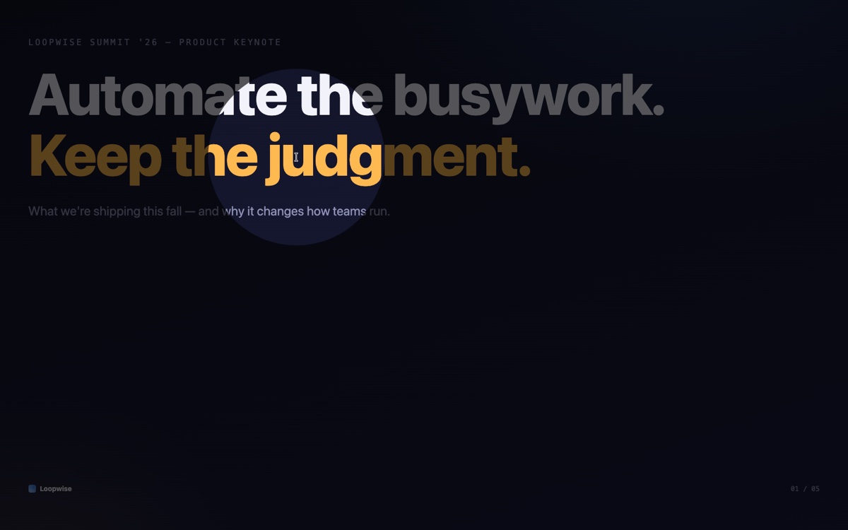 A darkened slide with only part of the headline lit by the spotlight